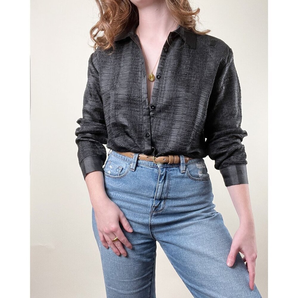 Vintage Crinkle Textured Oversized Button Down Up Relaxed Fit Blouse Shirt Top